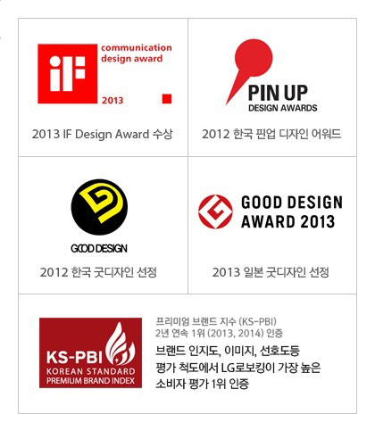 2013 / 2013 IF  Design Award 
2012 ѱ ɾ  
2012 ѱ µ 
GOOD DESIGN AWARD 2013 / 2013 Ϻ µ 
KS-PBI KOREAN STANDARD PREMIUM BRAND INDEX
̾ 귣  (KS-PBI) 2  1 (2013,2014) 
귣 , ̹, ȣ  ô LGκŷ   Һ  1 